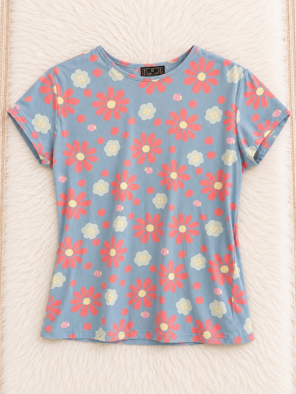 Authentic Fendi Vintage Floral Ladybug Print Short Sleeve Blue Pink Y2K Size M